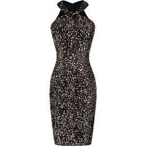 Womens Sequin Dress Sleeveless Sparkly Glitter Halter Black Gold